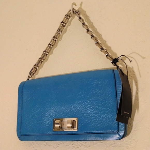 BCBGMaxAzria Sophia Blue Jade Leather Small Handbag With Chain Strap - Picture 10 of 10